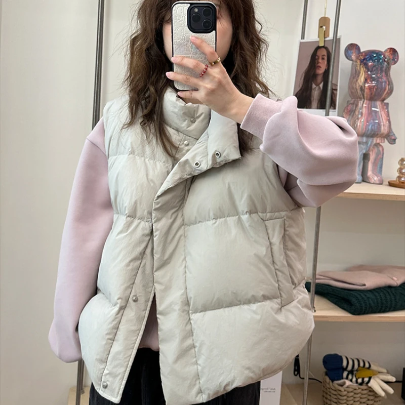 Duck Down Jacket for Women, Sleeveless Collar, Warm Coat, Sweet White Coat, Fashion Trend, Autumn and Winter, 2024