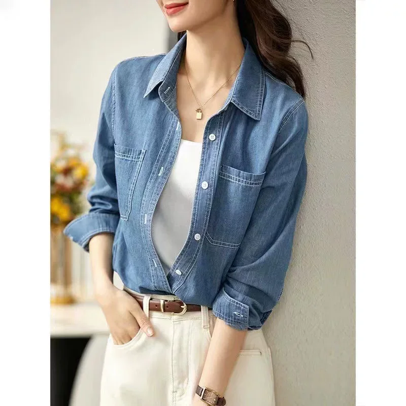 New Women Spring Autumn Long Sleeve Denim Shirt Fashion Turn-down Collar Single Breasted Loose Jeans Shirt Casual Daily Shirt view 2