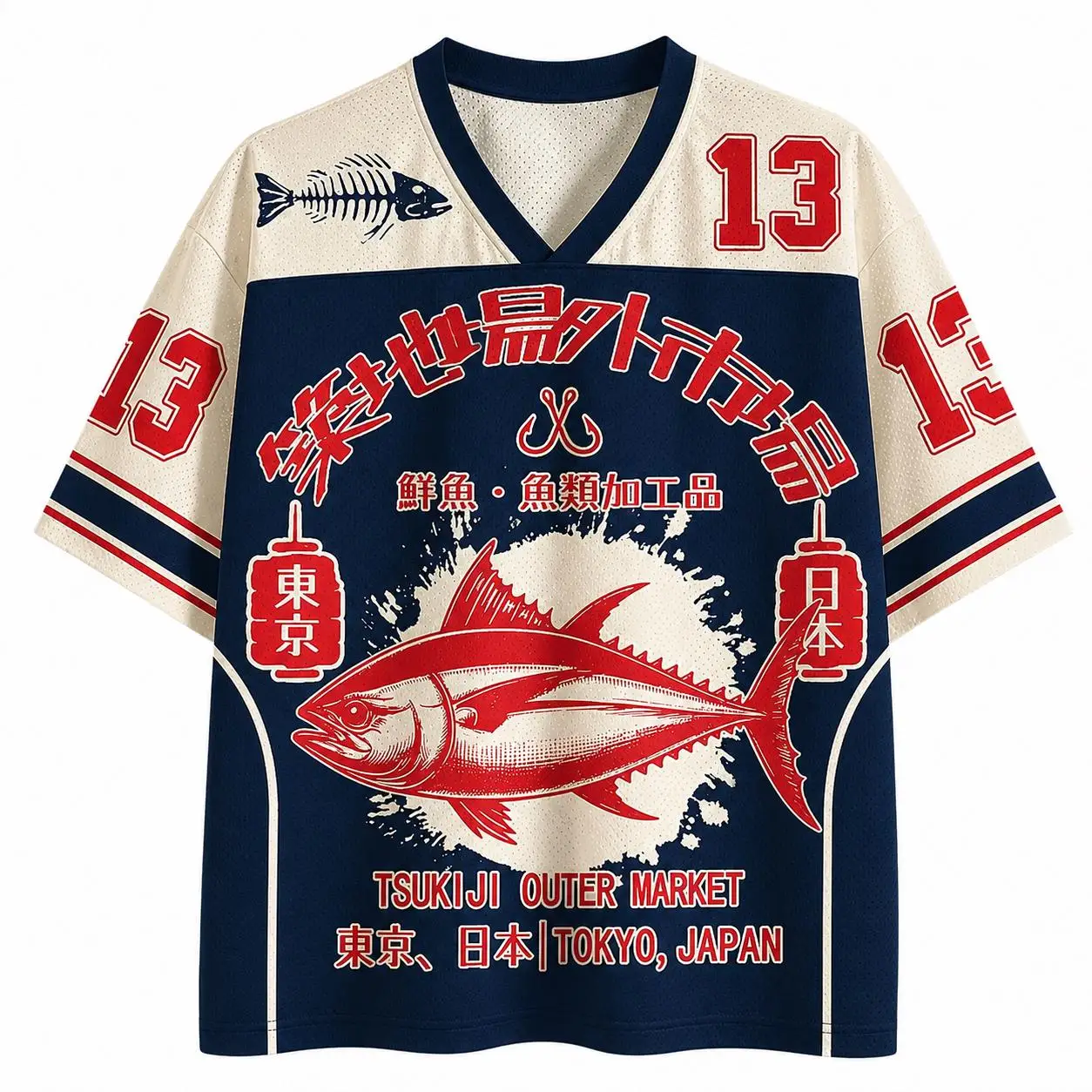 2026 Summer Fashion New Style Trendy Fushi Tokyo Fish Processing 3D Printing Outdoor Leisure Fitness Style V-neck T-shirt