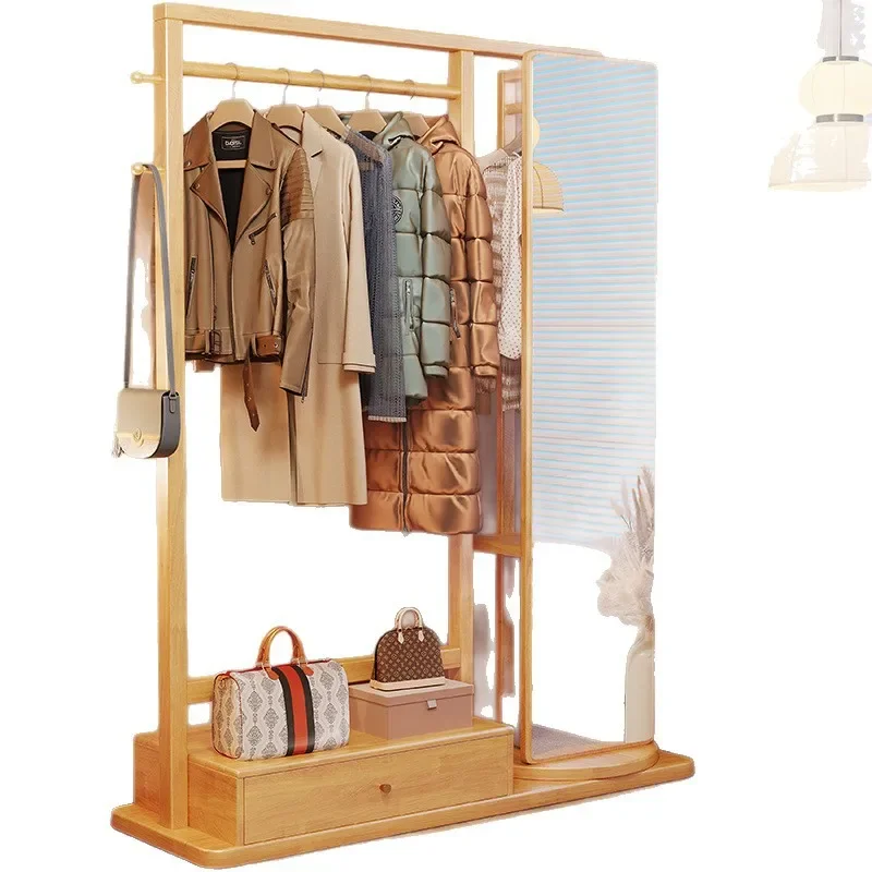 Solid wood coat rack floor-to-ceiling hanger full-length mirror integrated bedroom home clothes storage rack space-saving shelf