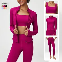 Conjunto de Yoga Fitness para mulheres, cor sólida, Stretch Athletic Suit, Sexy Bra Zipper Jacket, Leggings de cintura alta, Sportswear feminino, 2 pcs, 3 pcs