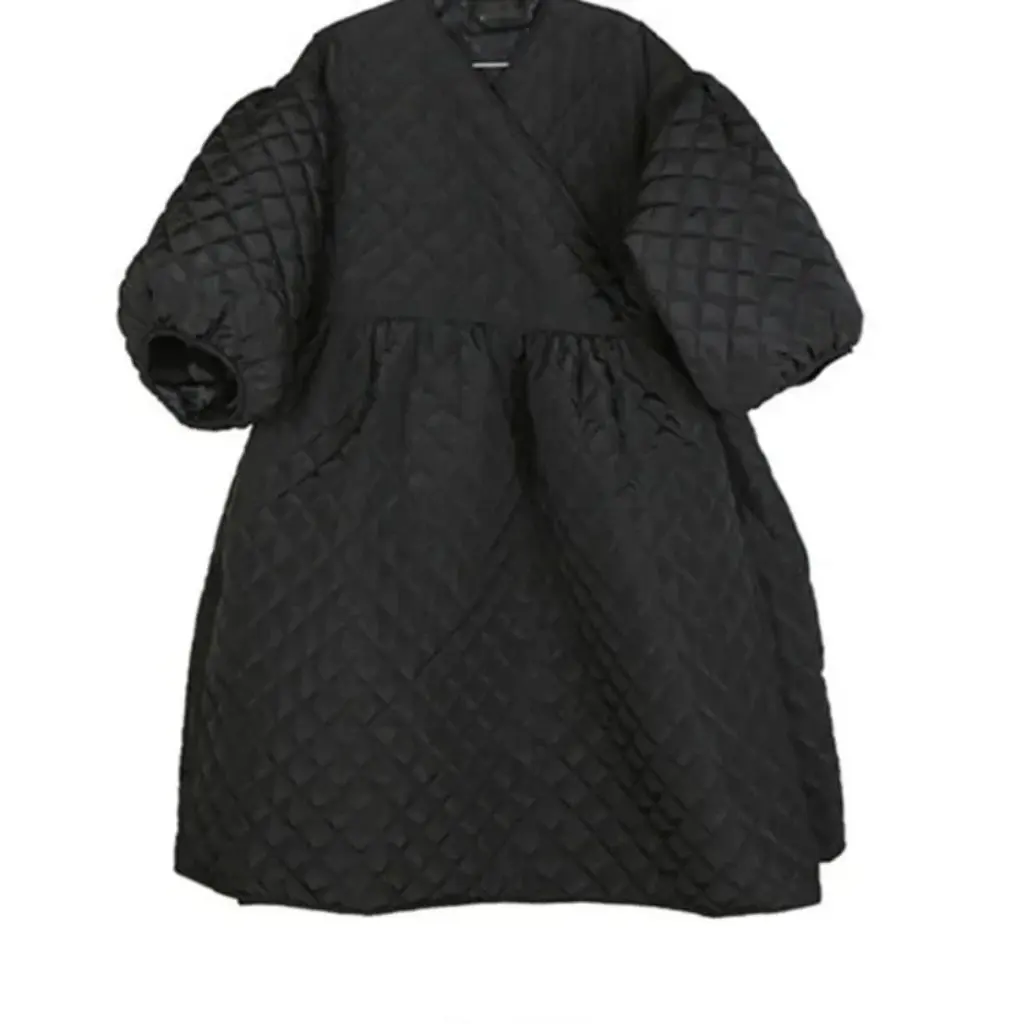 

Design Sense Women's Oversize Cotton-Padded Coat Retro Lantern Sleeve Rhombus Embossed Long Loose Slim Fit for Autumn Winter