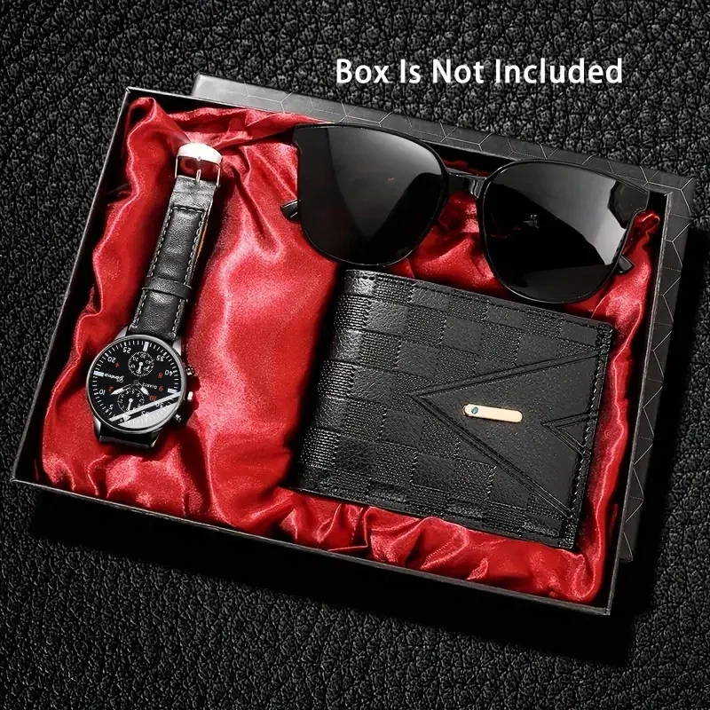 

3Pcs Men Gift Set, Leather Strap Chronograph Watch + Sunglasses + Checkered Wallet Present Kit