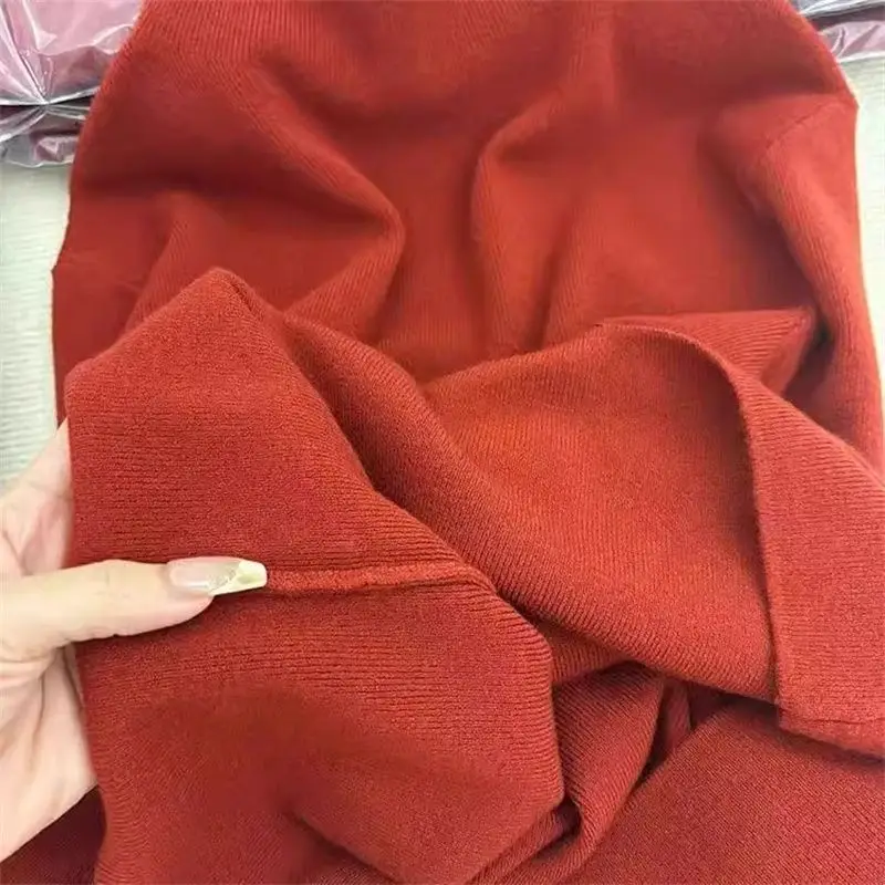 Red Knitted Long Sve f High Collar Women's Fitted Base irt Trendy Inner Wear Top Commute Sle Pure Color Polyester S...