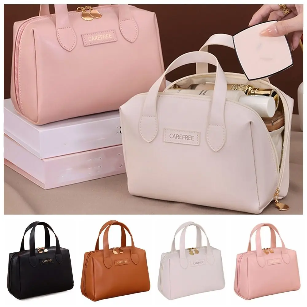 Elegant Letter PU Leather Cosmetic Bag Waterproof Zipper Makeup Pouch Handbag Korean Style Travel Wash Bag Female/Girls