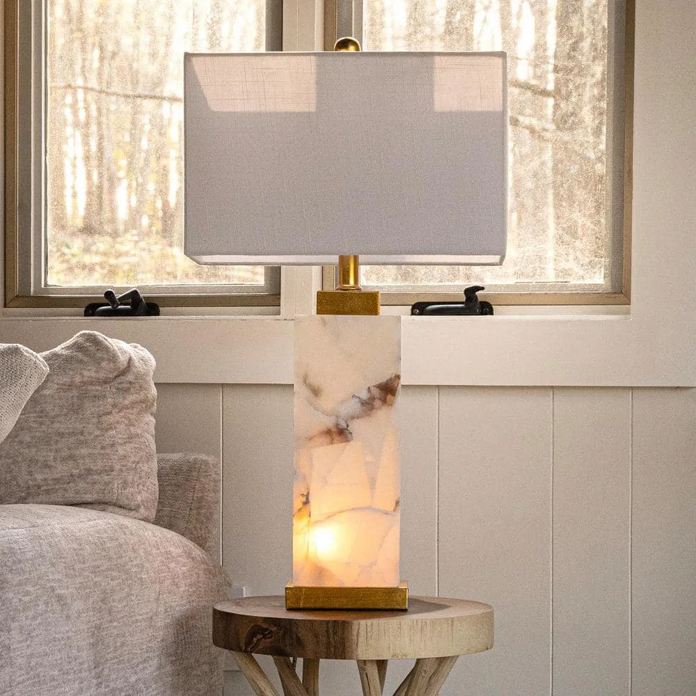 US  Elizabeth 27.5 in. Alabaster LED Table Lamp, White/Gold Leaf