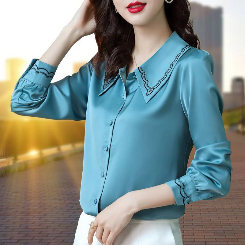 High Quality Satin Embroidery Elegant Chic Fashion Top Blouse Women Solid Long Sleeve Office Lady Button Up Shirt Blusas Clothes