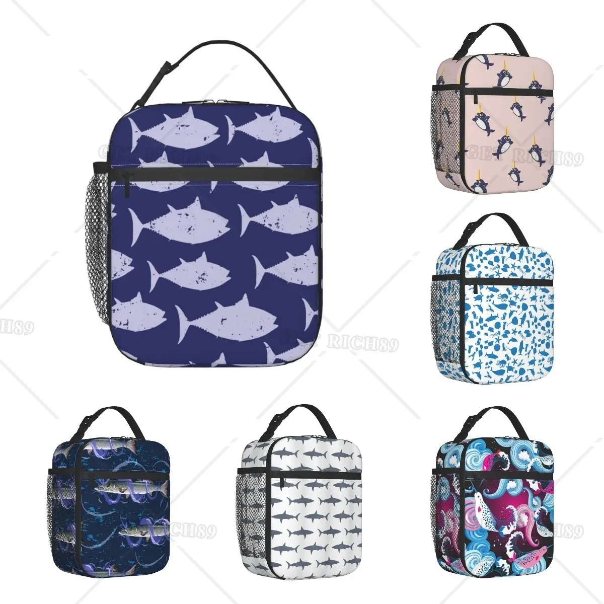 

Blue Fish Silhouettes Animal Portable Lunch Bag for Women/Men Insulated Reusable Lunch Box for Office Work School Picnic Beach