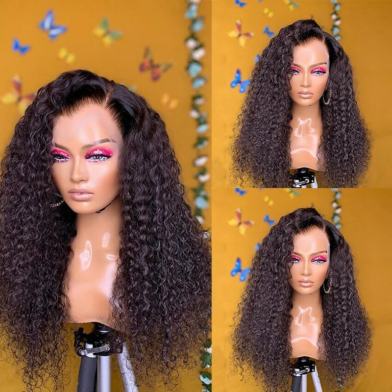 

Black Kinky Curly 26 Inch Synthetic Fiber Wig 180 Density Lace Front with Baby Hair for Women Deep Part Daily Wear