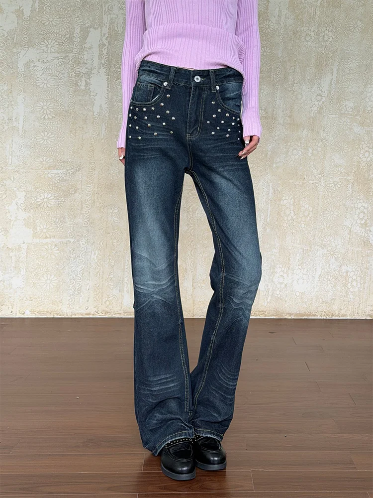 Retro American Large Size Jeans Low Waist Straight Leg Jeans with Rivets Washed out Bell Bottoms Casual Slimming Jeans