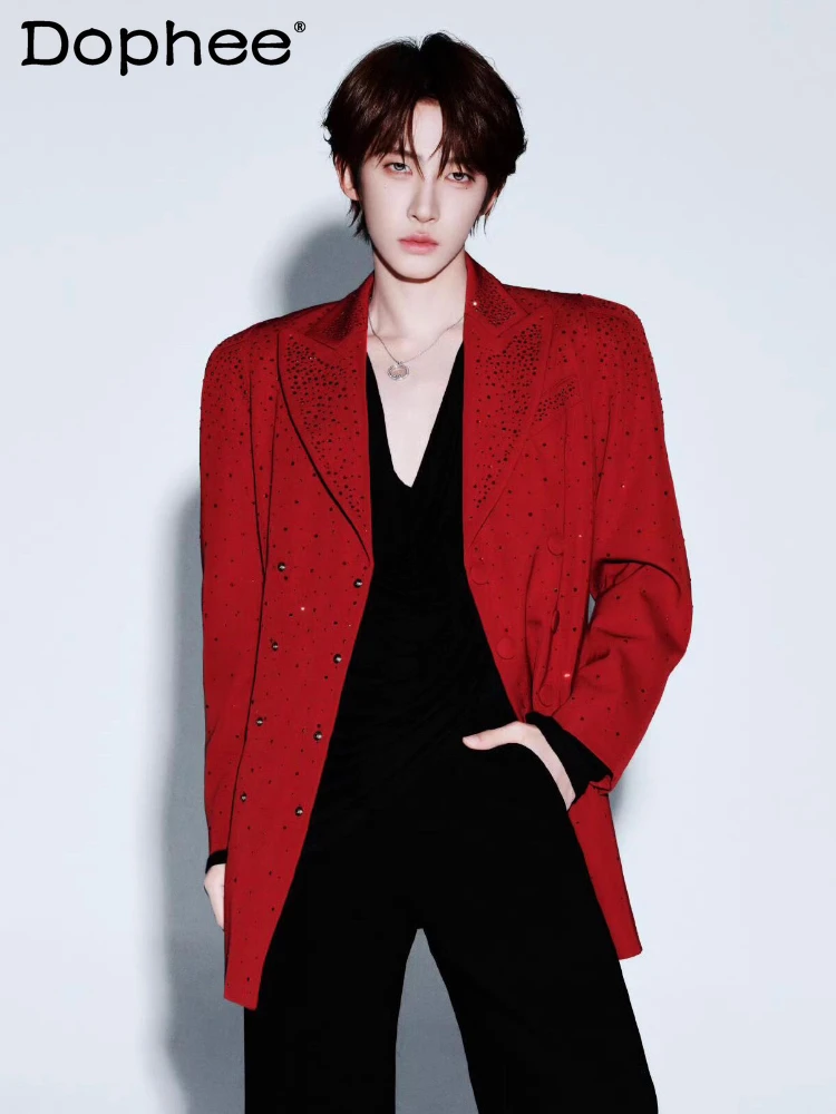 

Мужские осенне-зимние новые модные пальто с подкладкой на плечах, шикарные пиджаки со стразами, мужские облегающие стильные пиджаки