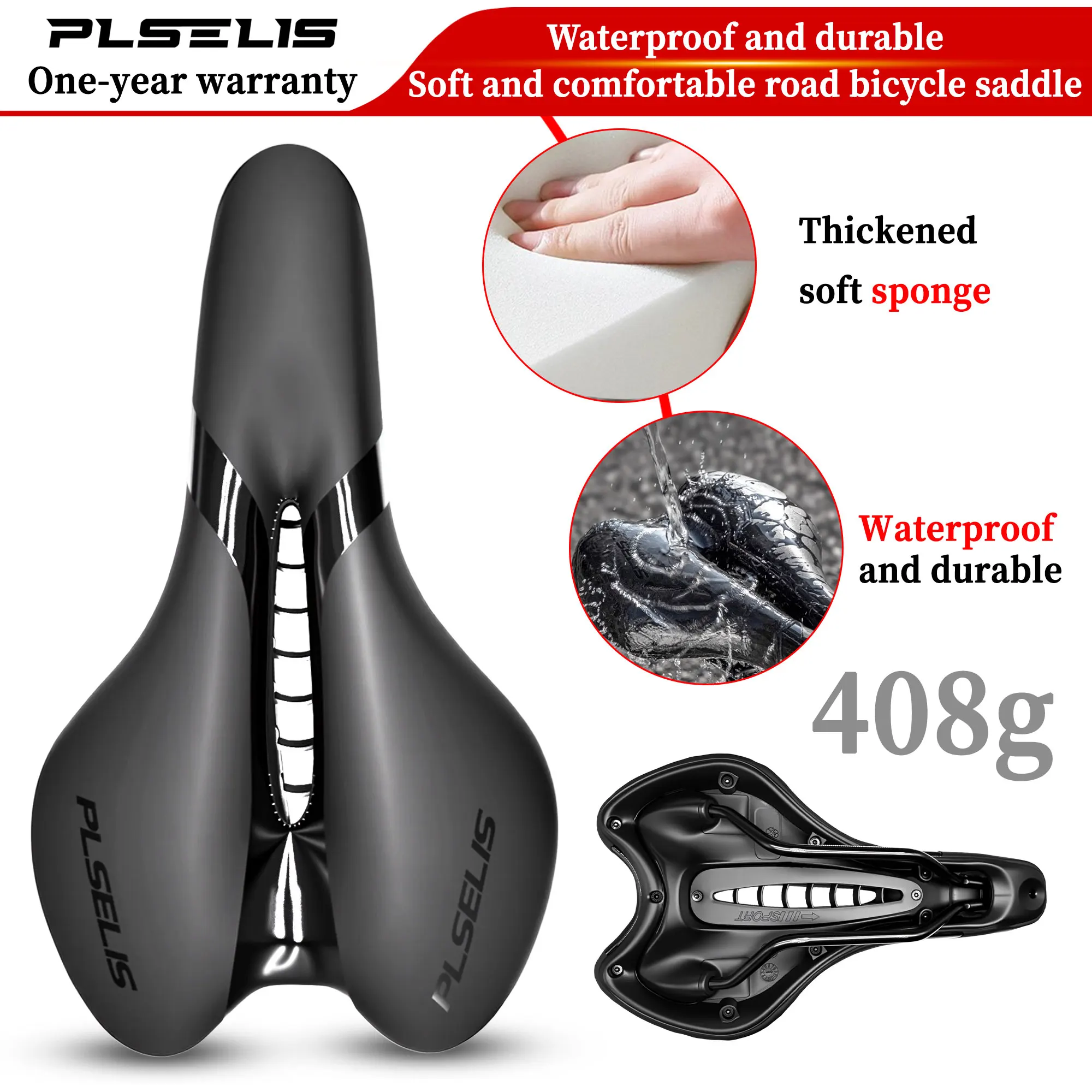 

Plselis thick soft sponge road bike seat,waterproof light silicone hollow breathable comfort saddle riding equipment weighs408g.