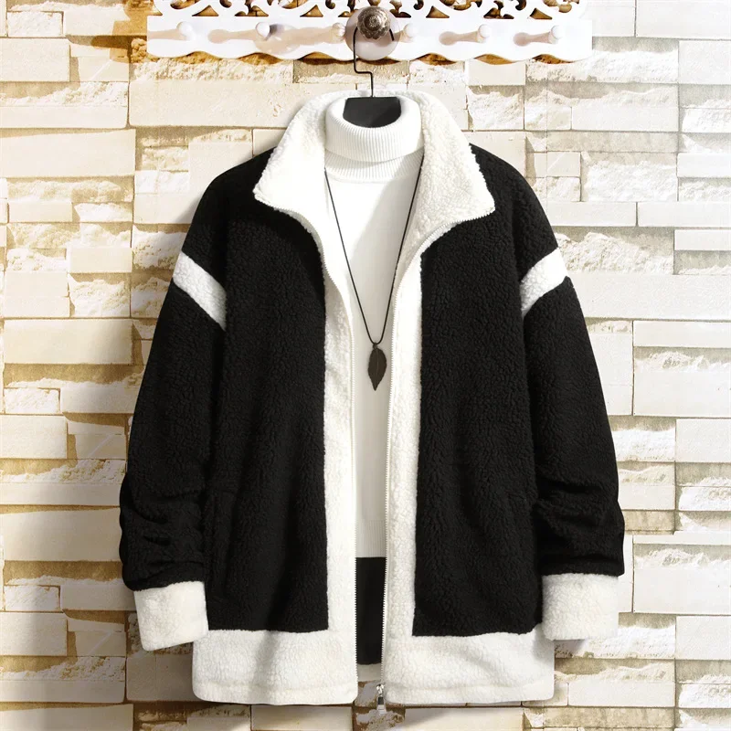 

Black and white patchwork lamb wool cotton jacket for men's autumn and winter plush warm fleece cotton jacket