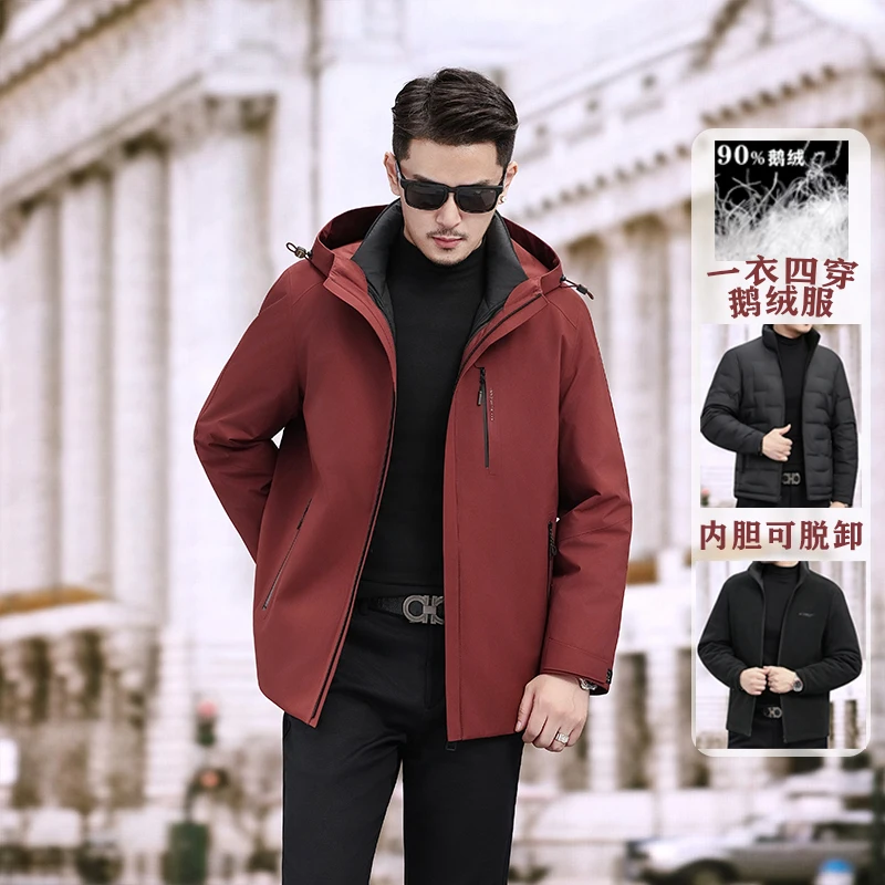 Ture 90% White Goose Duck Windbreaker Men 2025 Winter Classic Wind-proof Hooded Jacket Thick Detachment Outdoor Warm Zipper Coat