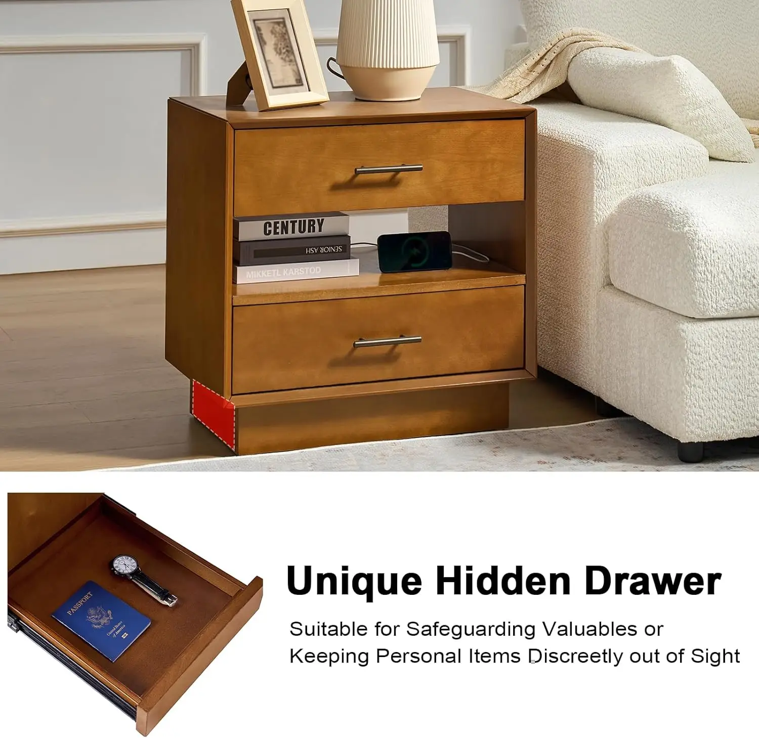 2 Drawer Nightstand with Charging Station, Bedside Table with 1 Hidden Drawer and Open Storage Shelf, Bedroom Furniture