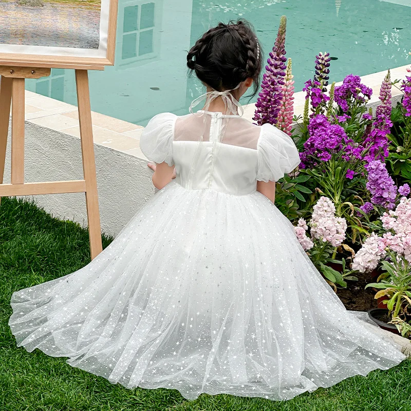 2025 New Summer Girl's Starry Sky Princess Dress with Bubble Sleeves Children's Castle Party Dress Baby's Galaxy Star Skirt
