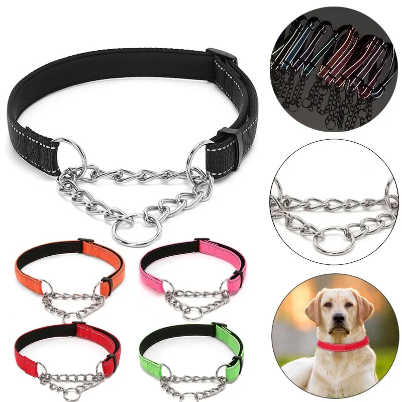 Adjustable Stainless Steel Chain Reflective Nylon Fabric Pet Collars Outdoor Exploration Proof Punch for Small Medium Large Dogs