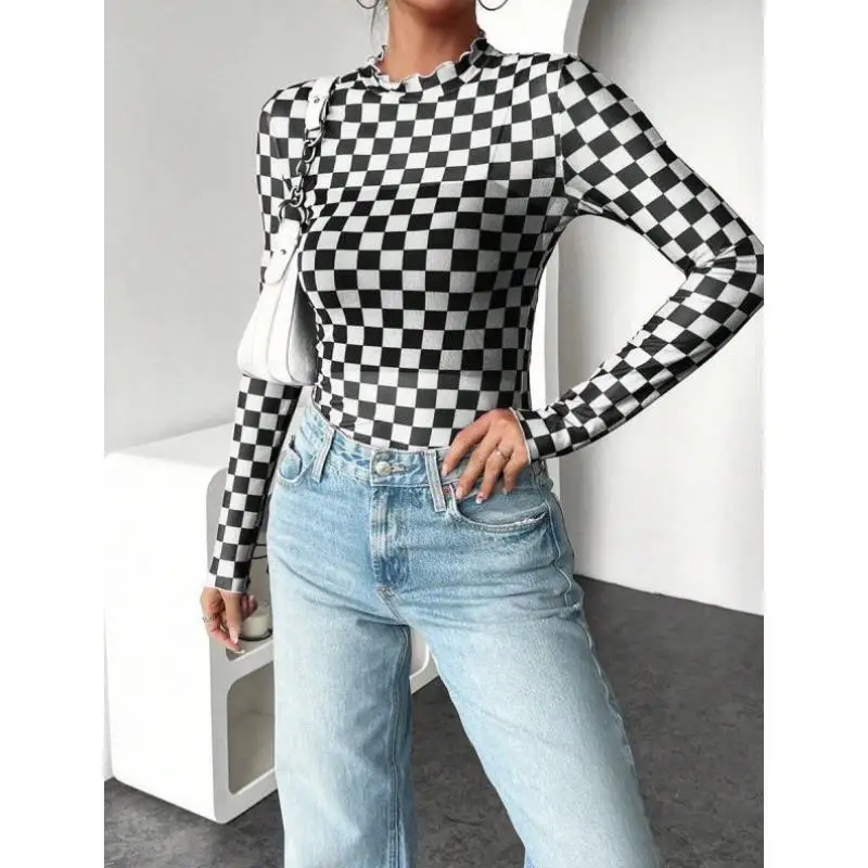 スリムフィットカジュアルチェック柄ロングスリーブトップP 96032新作クロスボーダースタイルレディースファッション春2026裏地付きセブンスリーブ...