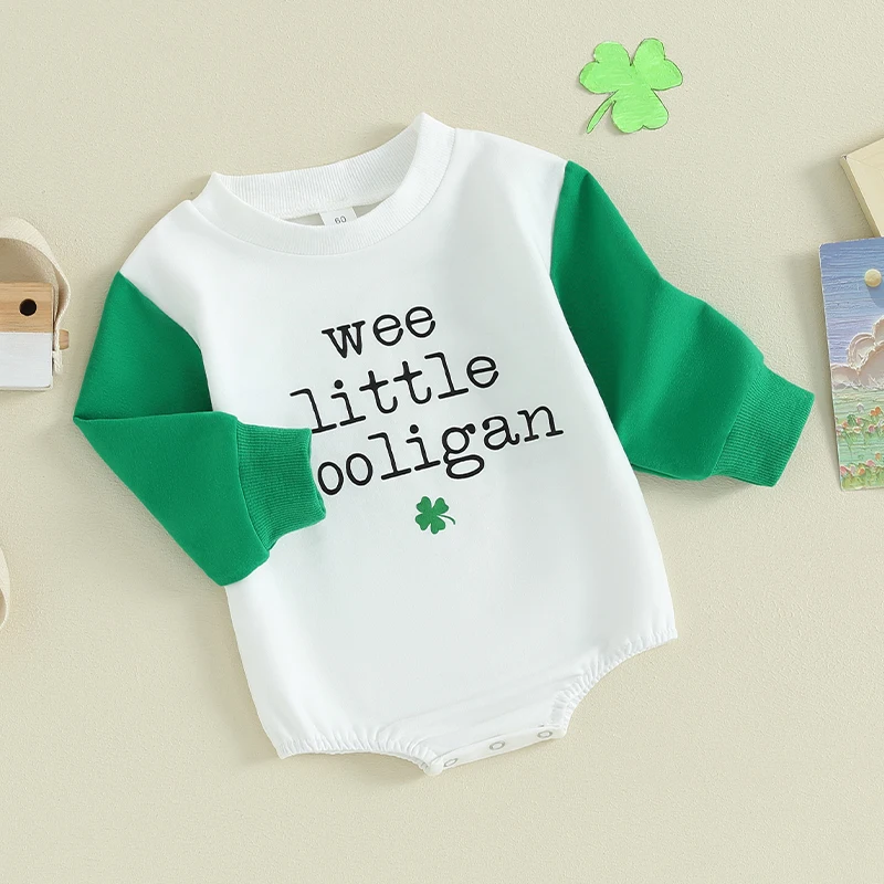 

Baby Bubble Sweatshirt Romper Long Sleeve Round Neck Letter Print Patchwork Bodysuit Newborn St Patricks Day Playsuit Outfit