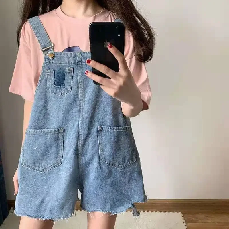 

Playsuits Women Denim Summer Loose Harajuku Hole Vintage All-match Designed Short Wide Leg Lovely Students Suspenders Fashion