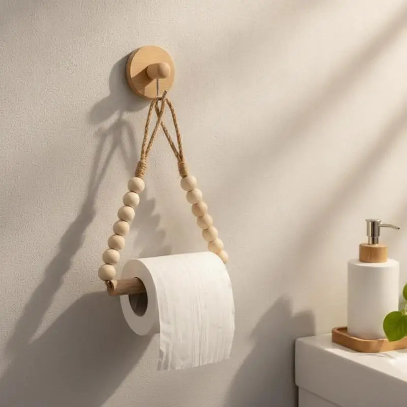 1Pcs Rustic Style Punch-Free Roll Paper Storage Rack With Hemp Rope Wooden Balls Adhesive Installation Toilet Paper Holder