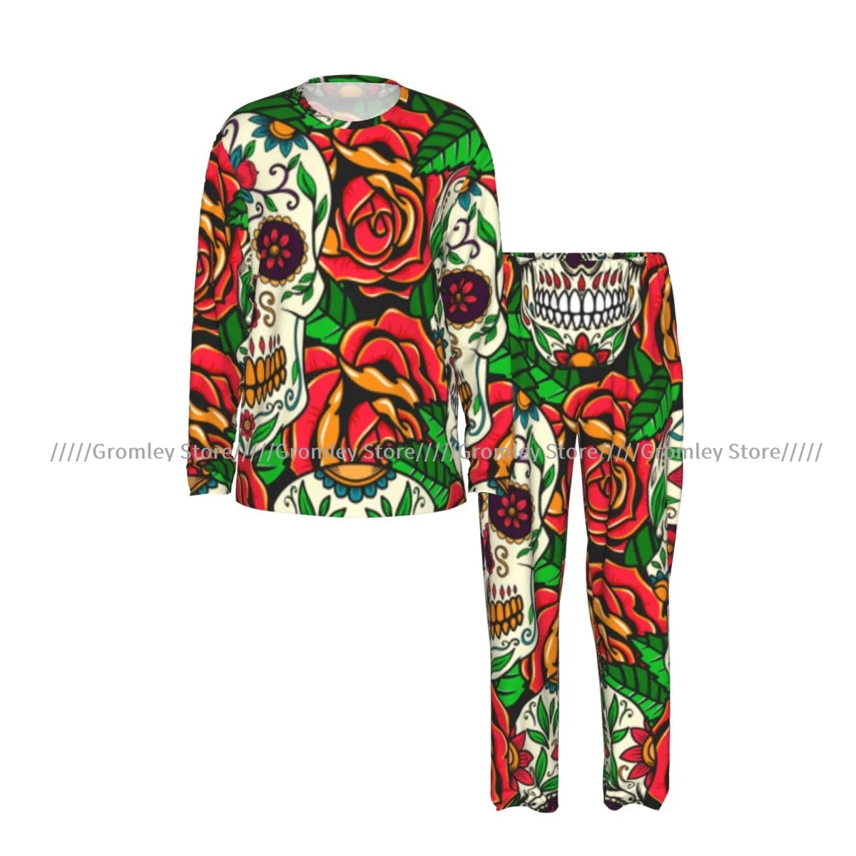 Men's Pajama Set Long Sleeve and Long Pants Sugar Skulls Roses Pattern Soft Sleepwear for Home