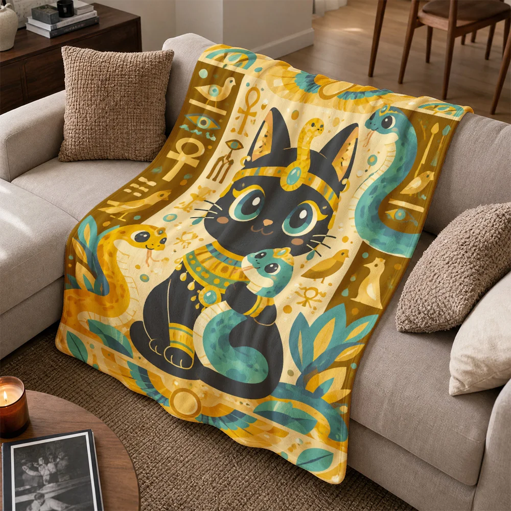 Egyptian Cat God Throw Blanket for Sofa Couch Decor Boho Home Gift Mythology Pharaoh Ancient Art Textiles Living Room Throw