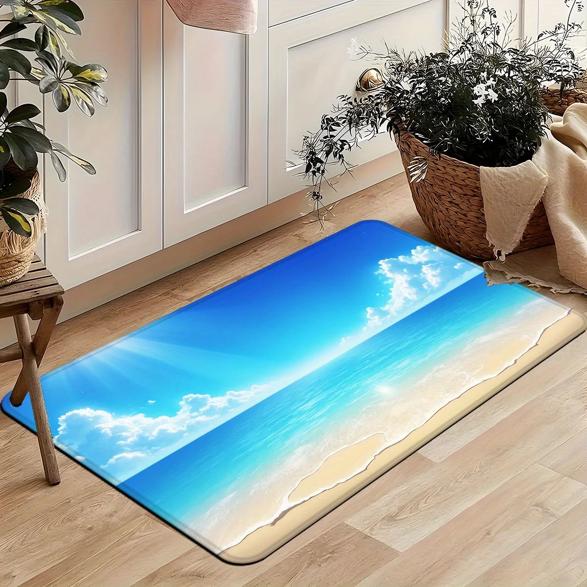 Vibrant tropical style with sunny skies and clouds—perfect for entryways, bathrooms, kitchens, and beach-themed bathroom decor