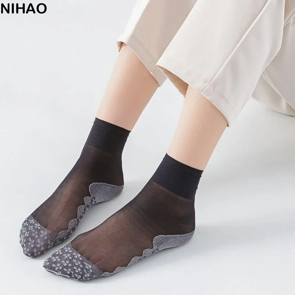 

10Pairs Transparent Crystal Silk Socks Ultra-thin Nylon Women Invisible Socks Breathable Cotton Bottom Silk Sheer Ankle Sock