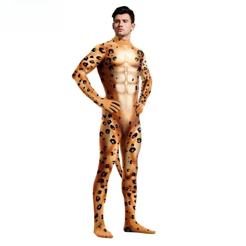 Kostium na Halloween dla mężczyzn 3D Leopard Print Cosplay Costume Funny Pet Animal Suits Adult Full Bodysuit Zentai Jumpsuit with Tail