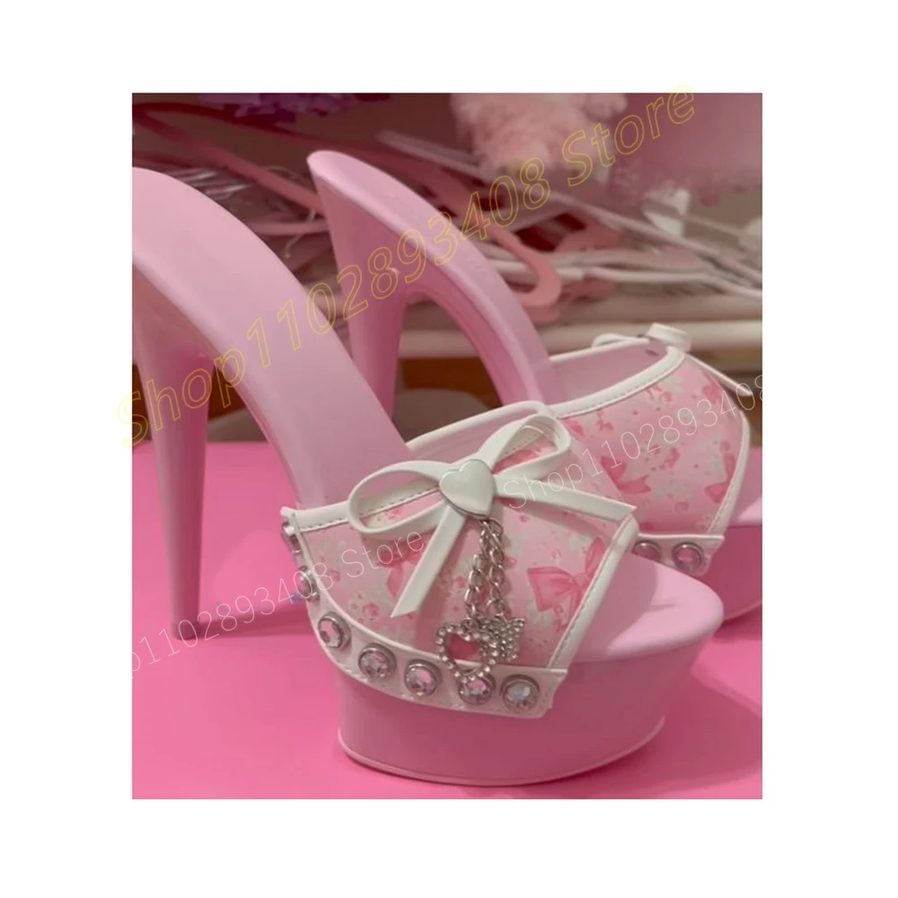 Pink Sweet Butterfly Knot Platform Slippers Crystals Peep Toe Thin High Heel Party Summer Women Shoes 2024 Zapatos Para Mujere