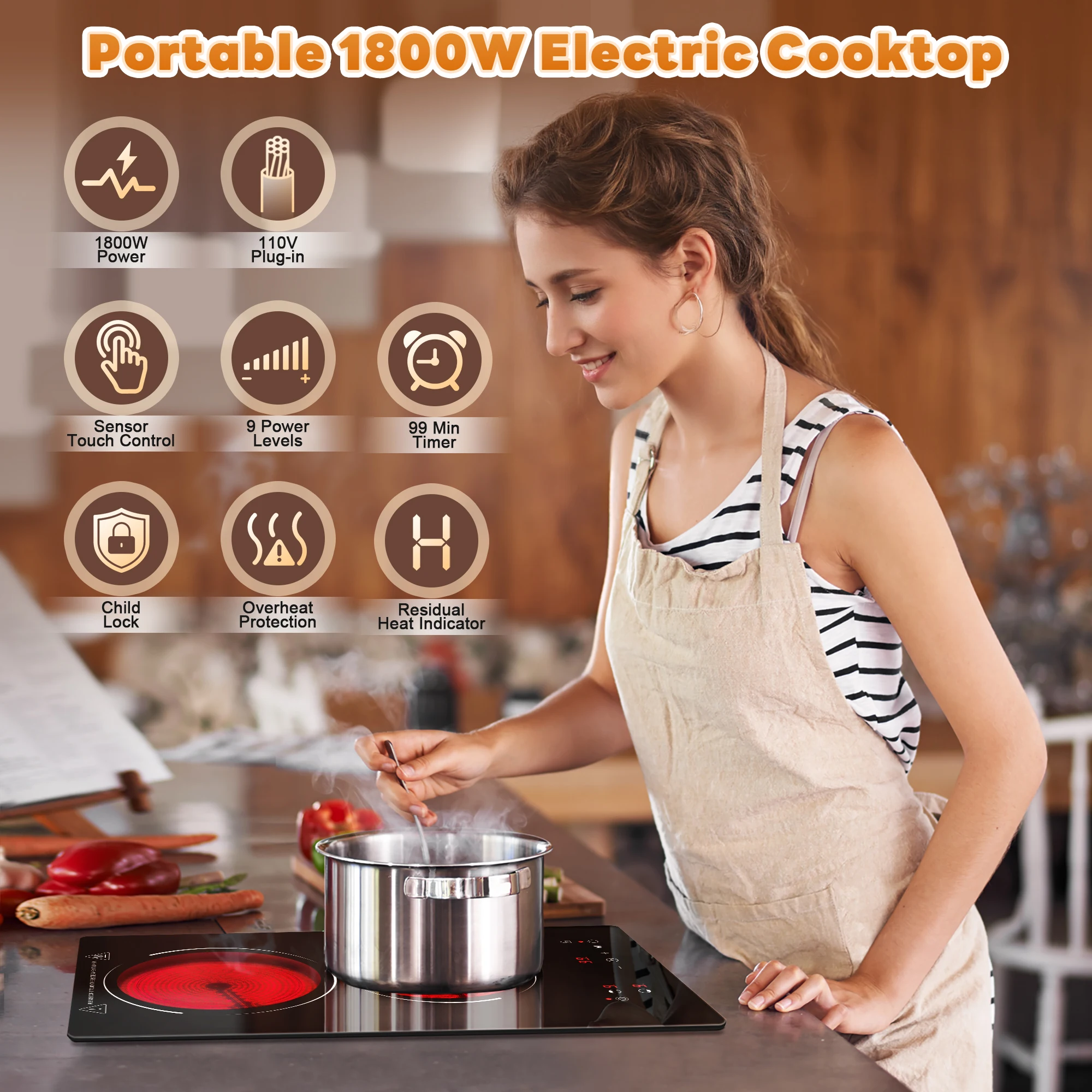 12" 2 Burner Electric Cooktop 1800W, 110V Plug-in, Dual-Ring, Touch Control, Child Lock view 4