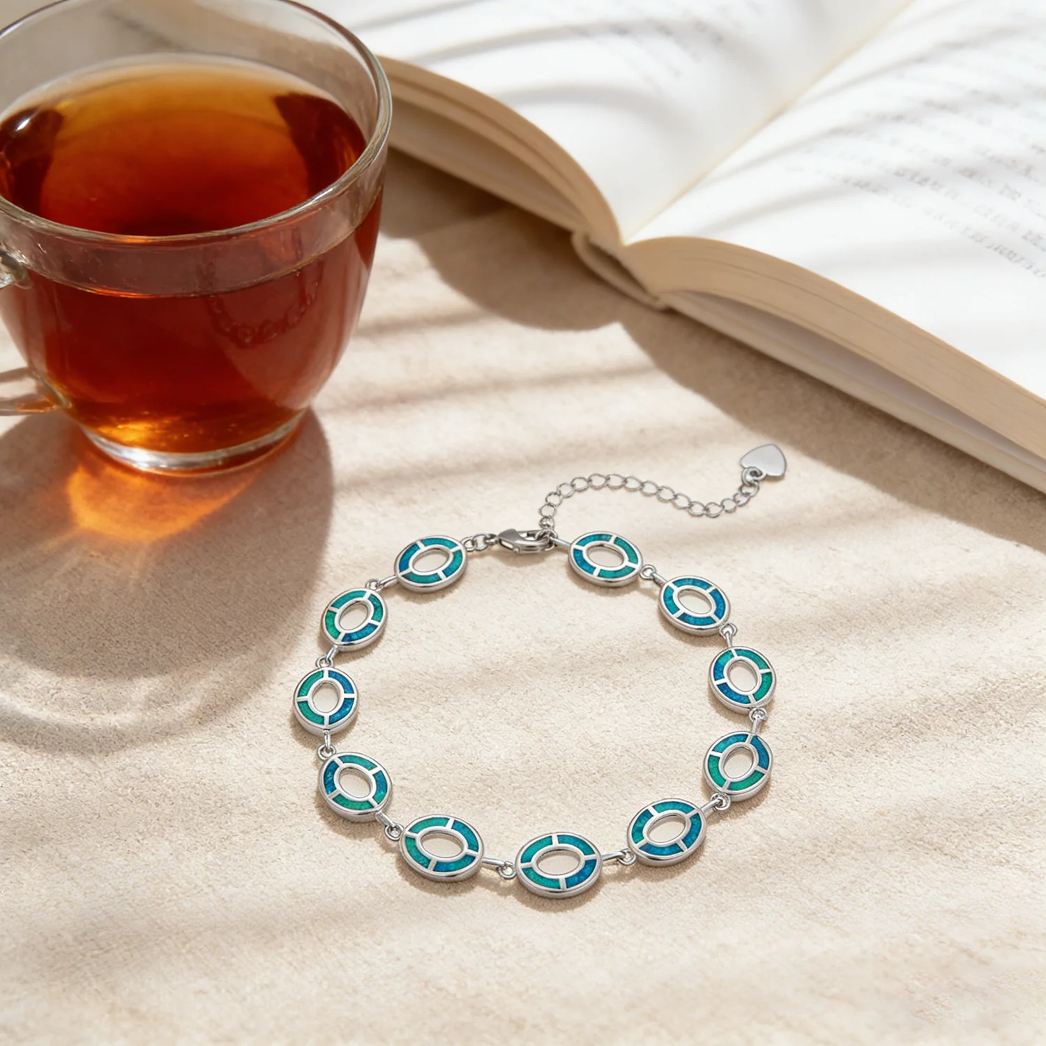 Boho Chic Women Blue Opal Light Silver Color Bracelet,Adjustable Chain Minimalist Jewelry,Everyday Stackable Luxury Gift for Her