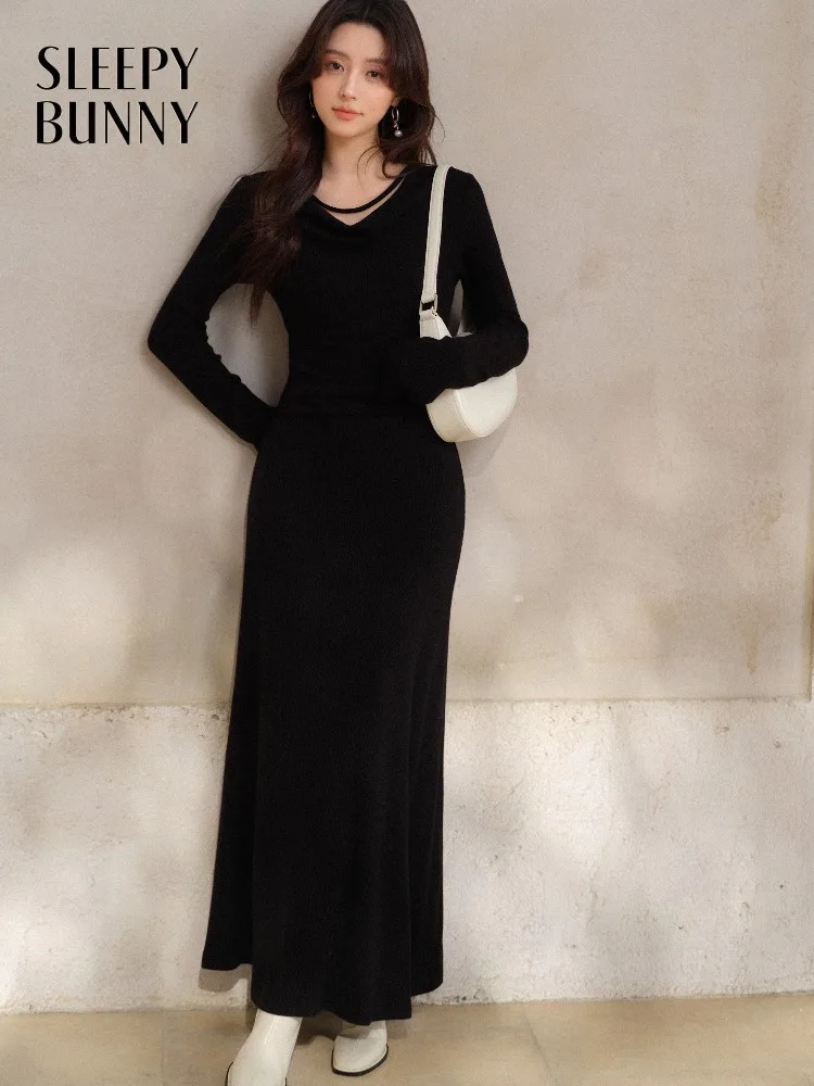 

Elegant Black Long Dress for Women Slim Fit Cowl Neck Knit Maxi Dress Winter French Style Bodycon Outfit for Party or Daily Wear