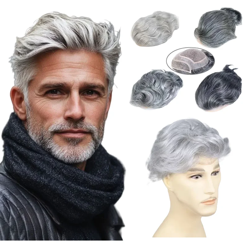 

Human Hair Toupee For Men Mono Base 8x10 Inch Grey Blending Lace With Pu New Arrival Colors 1B20 #7 #613 Hot Item