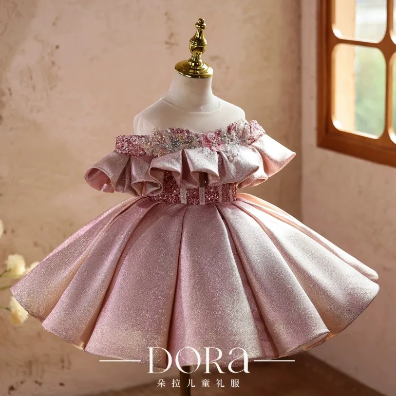 Mädchen Rosa Glitzer Festkleid Kinder Pailletten Ballkleid Geburtstagsfeier Klavier Aufführung Blumenmädchenkleider A5098 – Detail 5