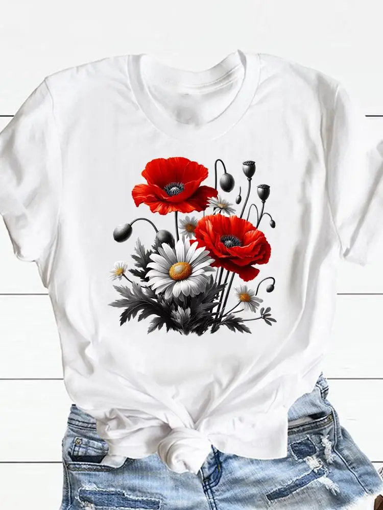 

Trend Flower Sweet Woman Casual Tshirts Printing Tee Graphic T-shirts Top Print Short Sleeve Fashion Women's Clothing