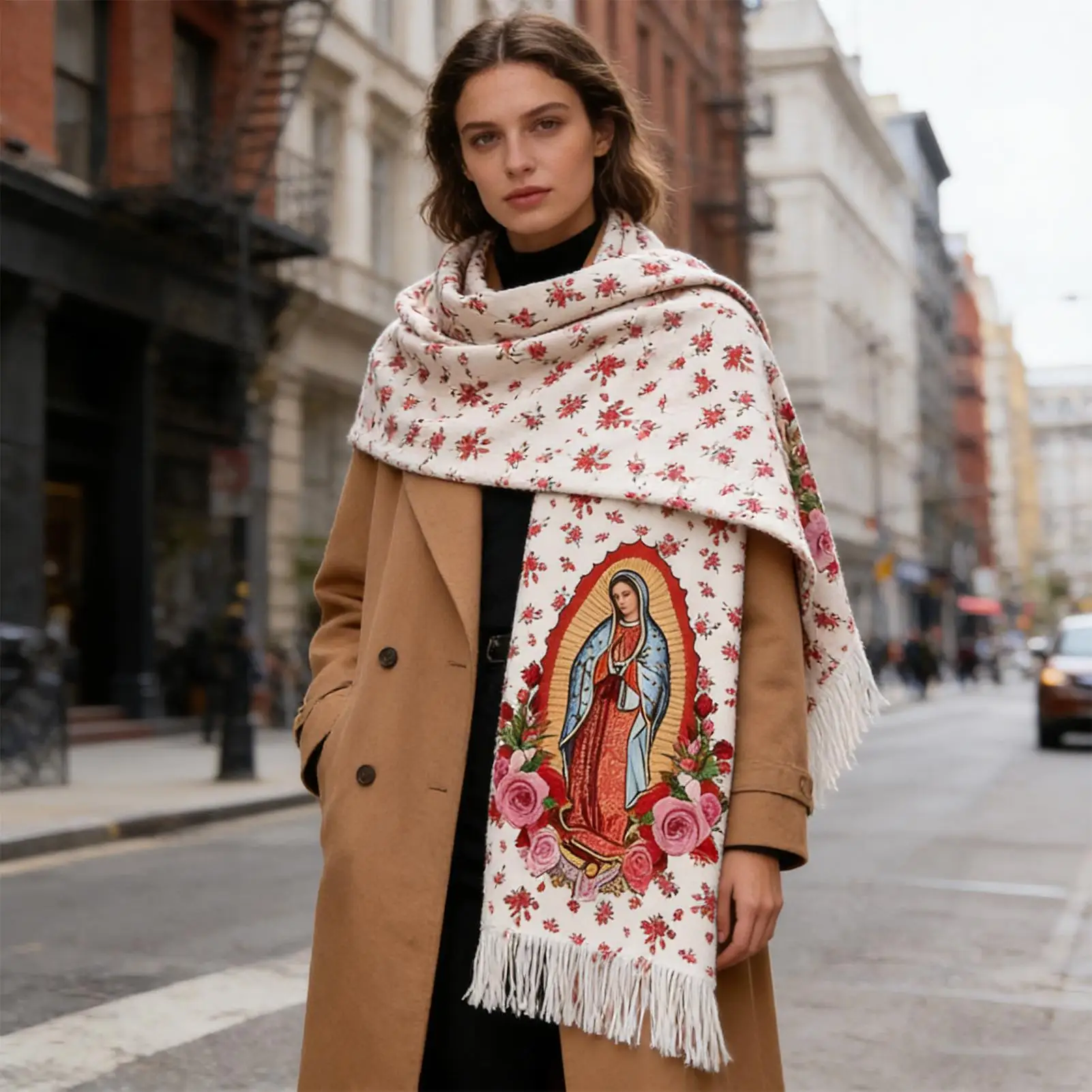 Virgin Mary Scarf Catholic Soft Warm Floral Pattern virgin mary shawl Women Blanket Shawls for Prayer Travel Hotel Garden Indoor