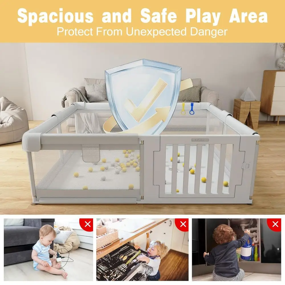 Duży kojec dla malucha z bramką, bezpieczny plac zabaw dla dzieci w wieku 0-3 lat, oddychająca siatka, ogrodzenie dla niemowląt do salonu, wymiary 71 x 59.