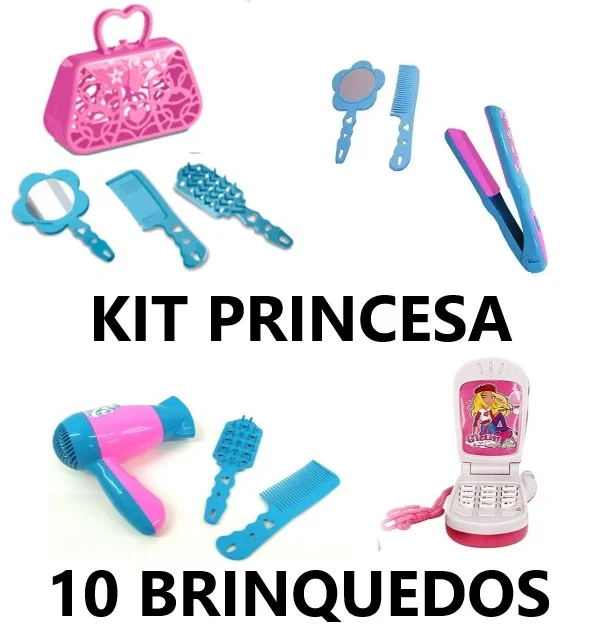 Kit Princesa Bela 10 Brinquedos Faz de Conta Salão de Beleza Moda Infantil Acessório Boneca