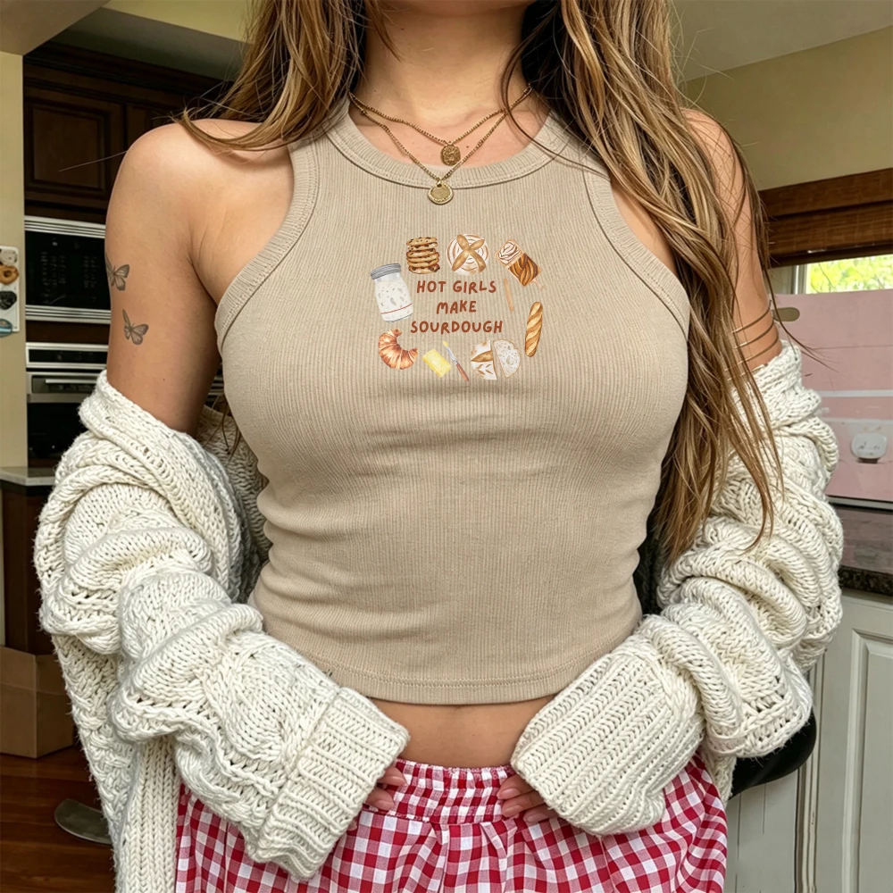 Make Sourdough Bread Graphic Sleeveless Slim Fit Cami Vest Y2K Summer Food Lover Tank Tops Women Ribbed Halter Crop Tank Top