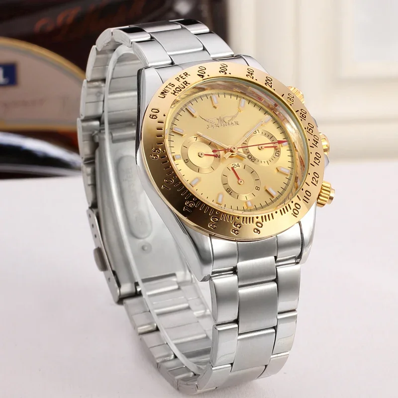 

JARAGAR Watch Casual fashion Three eye pin scale mechanical Watch Week Steel strap Wrist Watch Round watch