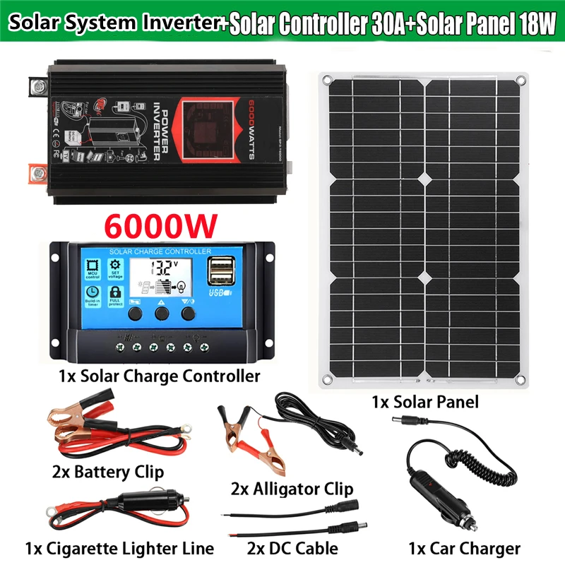 Solar Power Generation System Dual USB 18W Solar Panel + 6000W Power Inverter with Smart LCD DisplayUSB Ports 12V to 110/220V