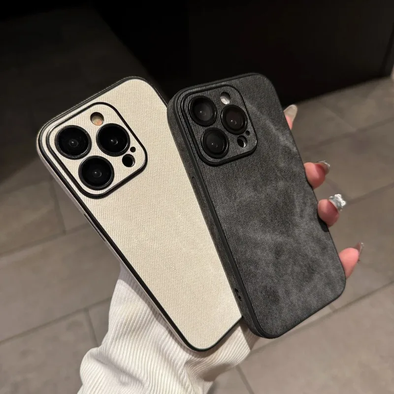 Luxury Washed Color Cowboy Retro Leather Fabric Phone Case For iPhone 17 Air 16 15 14 13 12 11 Pro Max Fashion Lens Protect Capa