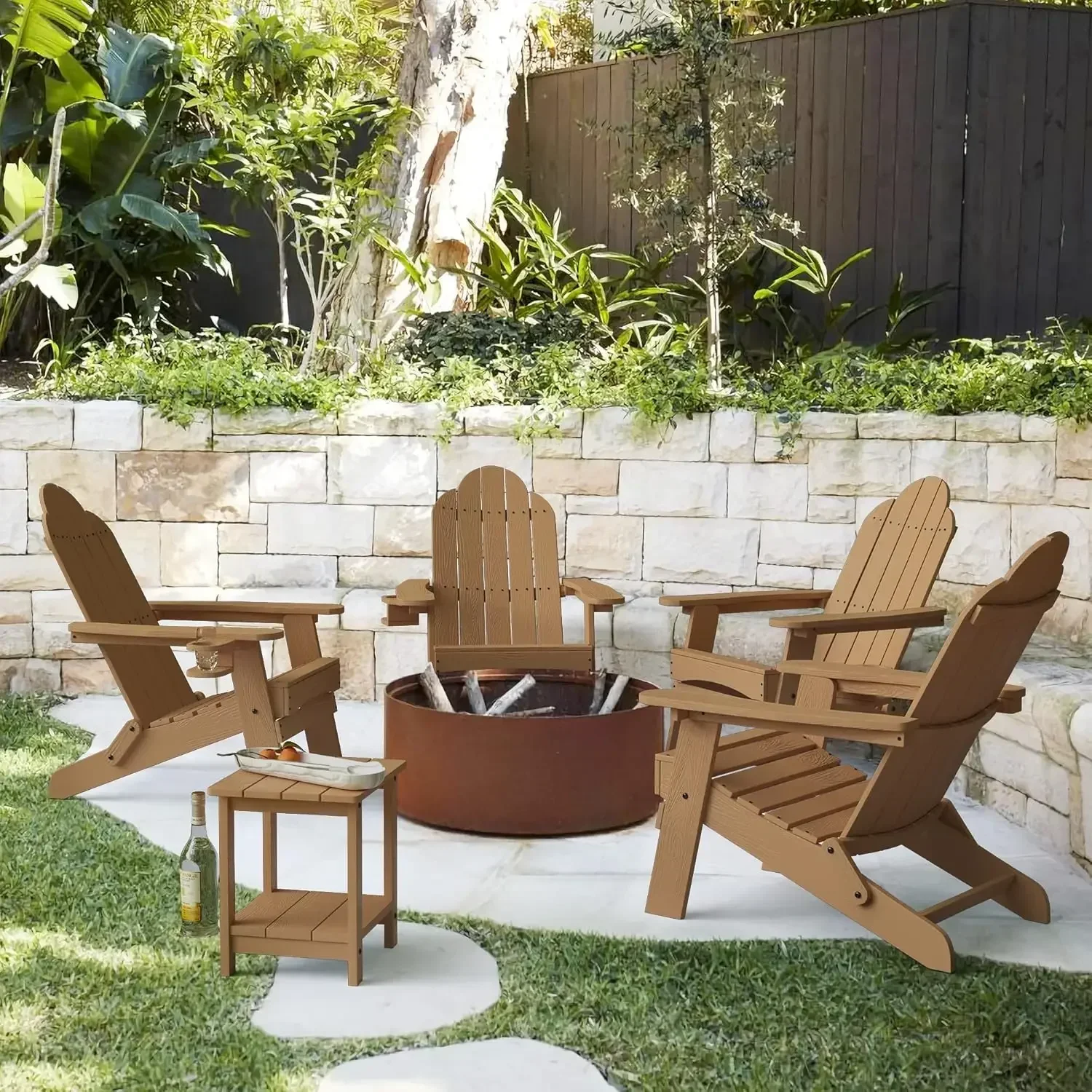 

Folding Adirondack Chair Set of 4, Brown HDPS Fire Pit Patio Chairs Weather Resistant, Modern Plastic Outdoor Chairs