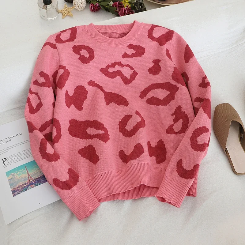 Women Leopard Knitted Sweater Winter Animal Print Thick Long Sleeve O-neck Female Pullovers Casual Tops