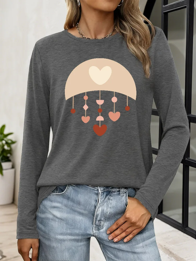 

Moon Heart Wind Chime Women's Casual Print Long Sleeve T-Shirt Crew Neck Y2K Top Tee Breathable Blend Fabric for Spring Autumn