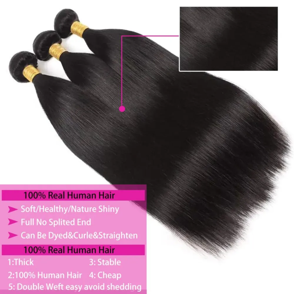 Extensões retas brasileiras do cabelo humano, pacotes reais do cabelo humano de 100%, trama dobro, preto natural, cor # 1B, 24 ", 26", 28"