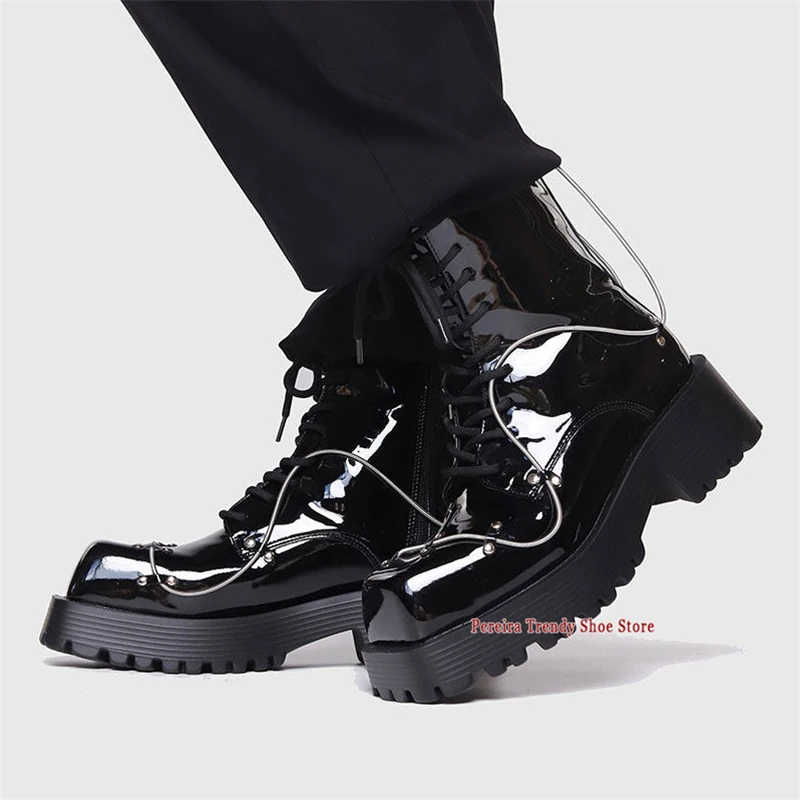 Black Patent Leather Motorcycle Boots Chunky Platform Square Toe Lace-Up Short Boorts Fashion Design Trendy Men's High Top Shoes