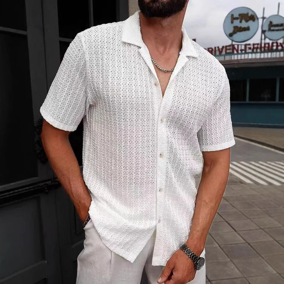 European and American Men's Breathable Hollow Shirt Summer Men's Casual Knitted Shirt, Short Sleeved Shirt Short Sleeved Top